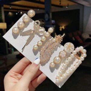 Korean Style Pearl & Rhinestone Hair Clips Set for Women & Girls (Pack of 5)