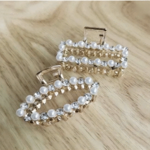 Gold Metal Hair Claw Clips with Faux Pearls & Rhinestones for Women & Girls (Pack of 2)