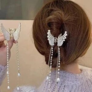 Crystal Pearl Butterfly Hair Claw Clip with Tassels for Women