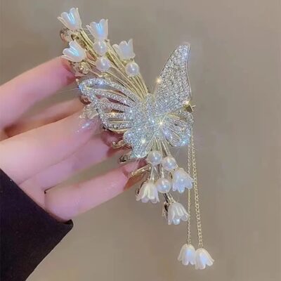 Rhinestone Butterfly & Pearl Flower Tassel Hair Claw Clip for Women